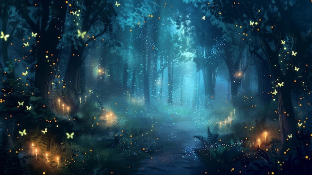 Enchanted Forest With Lights and Butterflies