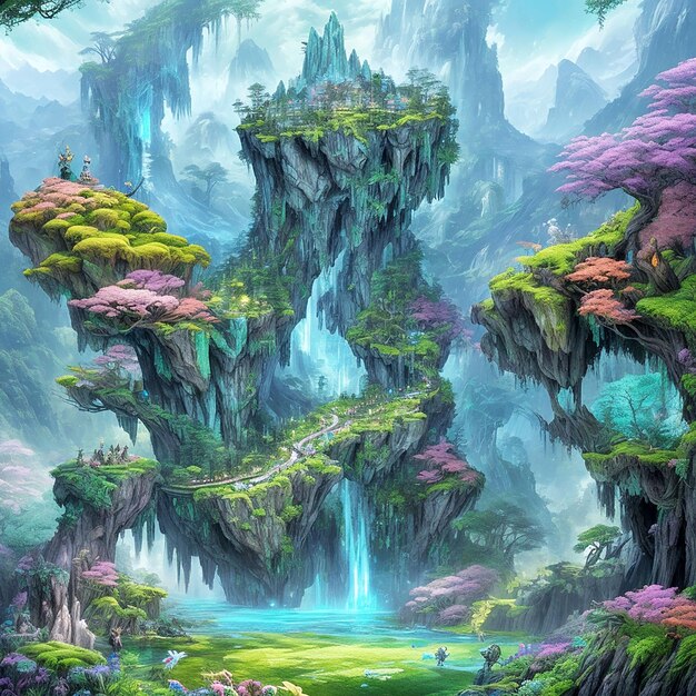 An enchanted forest with magical creatures and vivid flora highly detailed illustration of the Hall