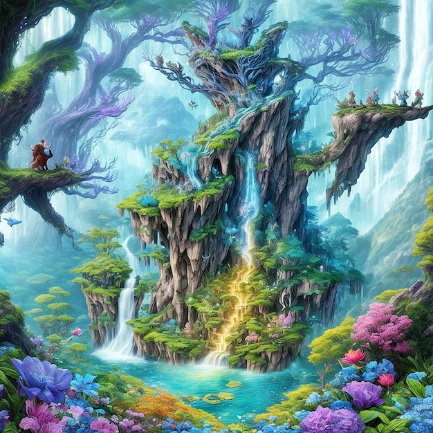 An enchanted forest with magical creatures and vivid flora highly detailed illustration of the Hall