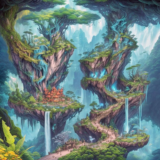 An enchanted forest with magical creatures and vivid flora highly detailed illustration of the Hall