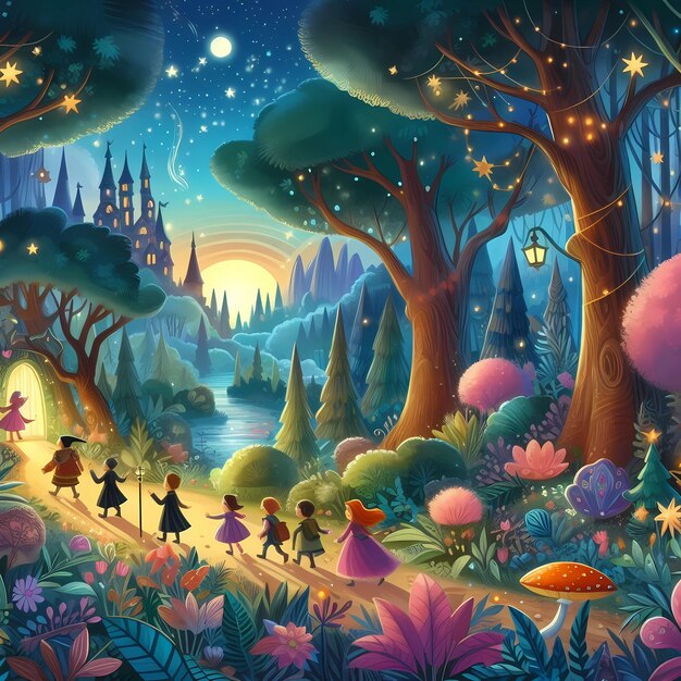 Enchanted Forest with Magical Flora in the style of whimsical childrens book illustration with a m