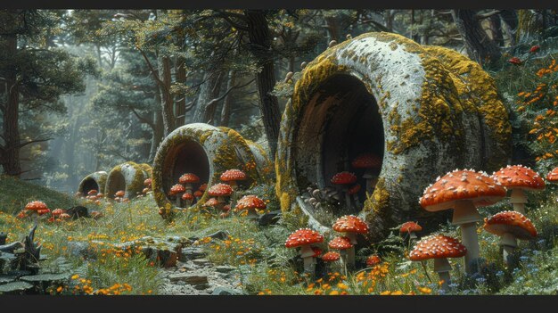 Enchanted Forest with Mushrooms and Stone Rings