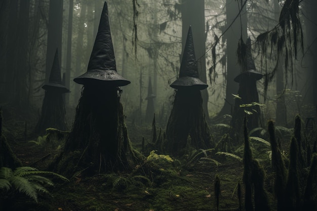 Enchanted forest with mysterious witch hats