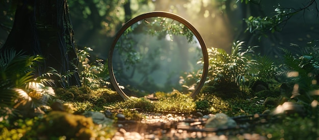 Enchanted Forest with Mystical Ring and Sunlight Filtering Through Lush Greenery