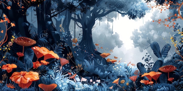 Photo enchanted forest with orange mushrooms