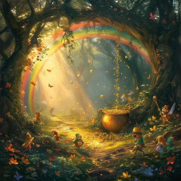 Enchanted Forest with Pot of Gold and Rainbow