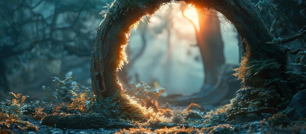 Enchanted Forest with Sunlight Through a Circular Tree Opening at Dawn