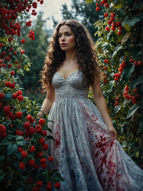 Enchanted Forest Woman Surrounded by Red Flowers and Magical Light