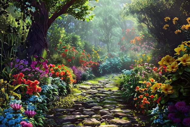 Enchanted Garden Desktop Wallpaper with Vibrant Flowers