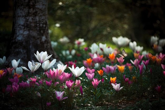 Enchanted garden Magnolias tulips roses lilies and butterflies dancing amid generative IA