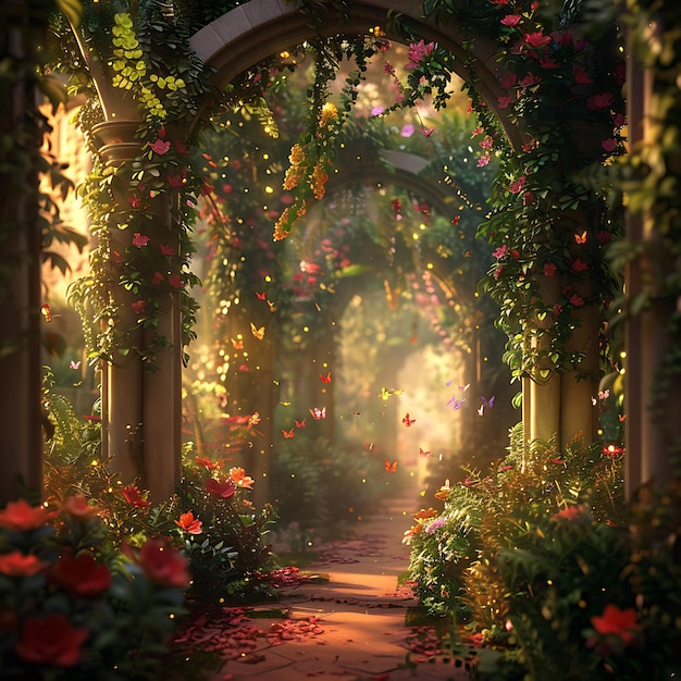 Enchanted Garden Pathway with Glowing Butterflies and Lanterns