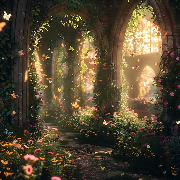 Enchanted Garden Pathway with Glowing Butterflies and Lanterns