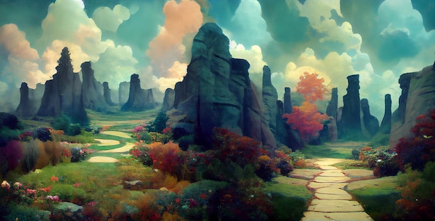 Enchanted garden with footpath and jagged mountains. Adventure landscape with a sky full of clouds.