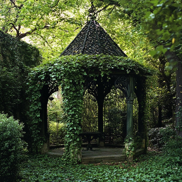 An enchanted garden with a mystical gazebo covered in ivy