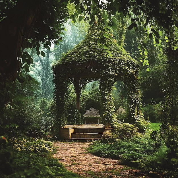 An enchanted garden with a mystical gazebo covered in ivy