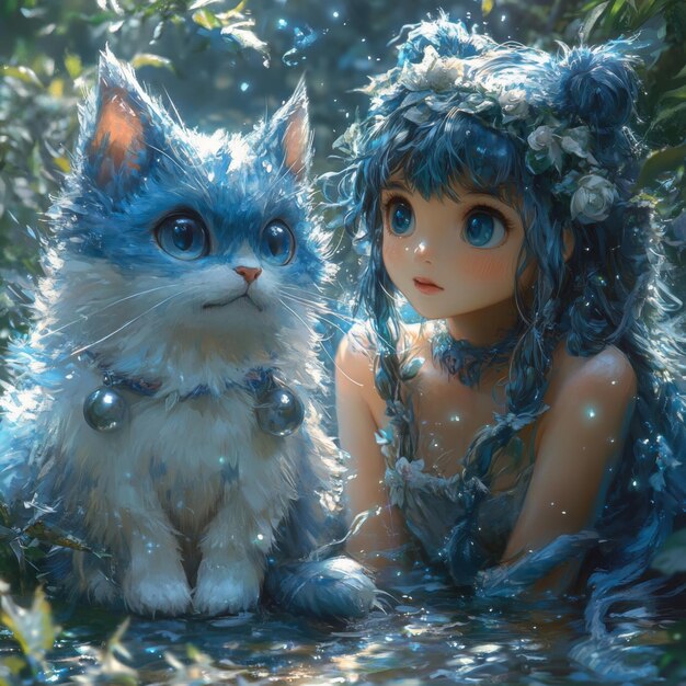 Photo enchanted girl with blue cat in magical forest setting