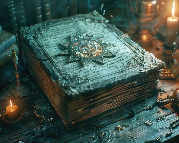 Photo enchanted grimoire surrounded by mystical artifacts in warm light