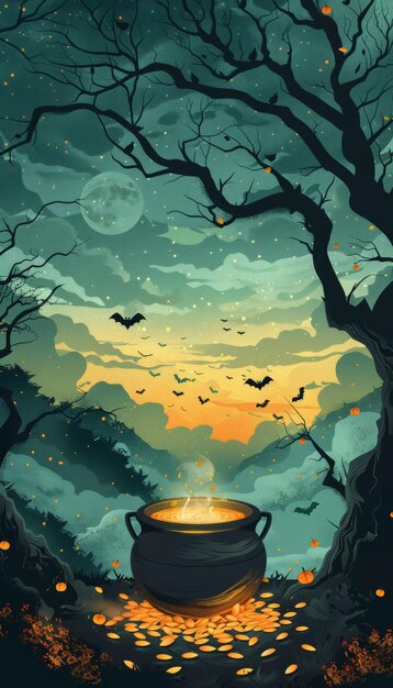 Photo enchanted halloween night spooky forest with full moon witches cauldron flying bats and glowing