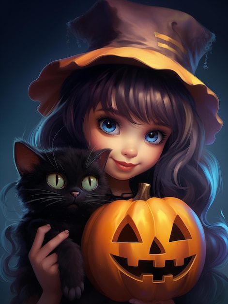 Enchanted Halloween Night with Girl and Black Cat