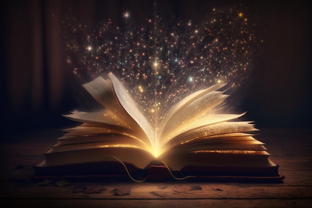 An enchanted image of an open vintage book atop a wooden table has sparkles