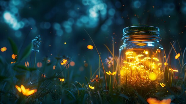 Photo enchanted jar of fireflies in a forest