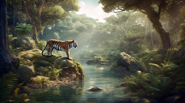 Enchanted jungle lake landscape with tiger AI Generative