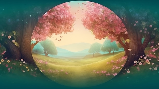 Enchanted Landscape Fantasy Garden Background with Copy Space