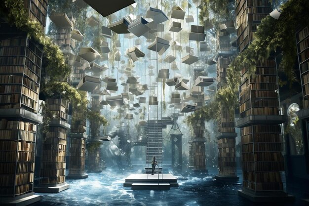 Photo enchanted library with floating books