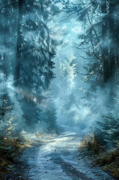 Enchanted Misty Forest Pathway with Magical Ethereal Light and Lush Greenery in a Serene Woodland