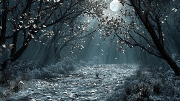 Photo enchanted moonlight silverleafed forest in shadowy embrace