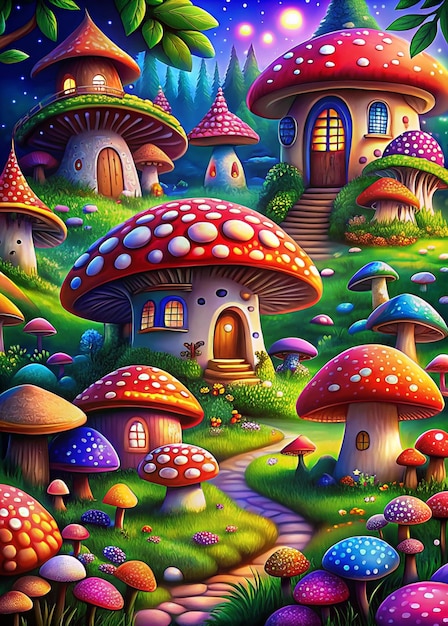 Photo enchanted mushroom village a whimsical fairytale wonderland