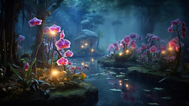 Photo enchanted night garden with glowing flora and fauna