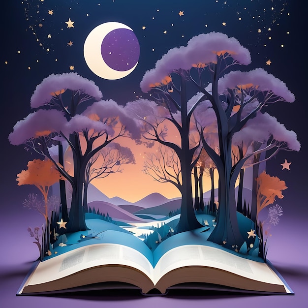 Enchanted Night Magic Fairy Tale Book of Colorful Mountain Landscape