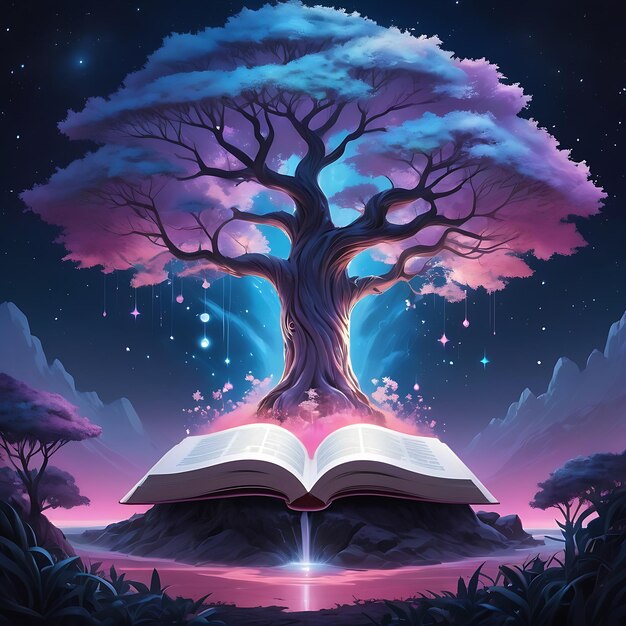 Enchanted Night Magic Fairy Tale Book Illustration with a Big Tree Under the Moonlit Sky