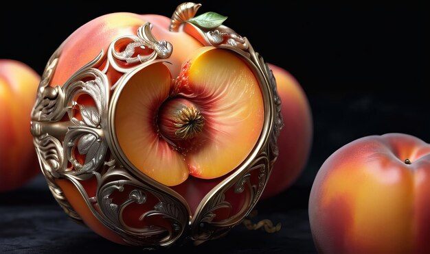 Photo enchanted peach ultra detailed hyperrealism epic baroque opulent majestic filigree