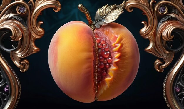 Photo enchanted peach ultra detailed hyperrealism epic baroque opulent majestic filigree