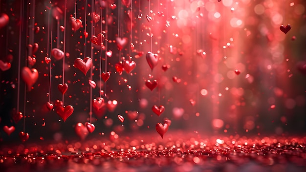 Enchanted Rain of Red Hearts with Sparkling Backdrop