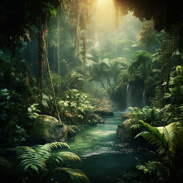 Enchanted Rainforest Mysterious Glow Amidst Lush Greenery