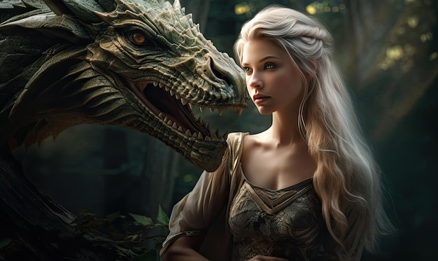 Enchanted scene of a woman and dragon showcasing a deep connection amidst nature Ethereal maiden and mythical creature share a moment in a magical woodland Created with generative AI tools