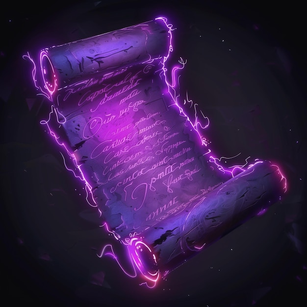 Photo enchanted scroll with glowing purple script and mystical aura