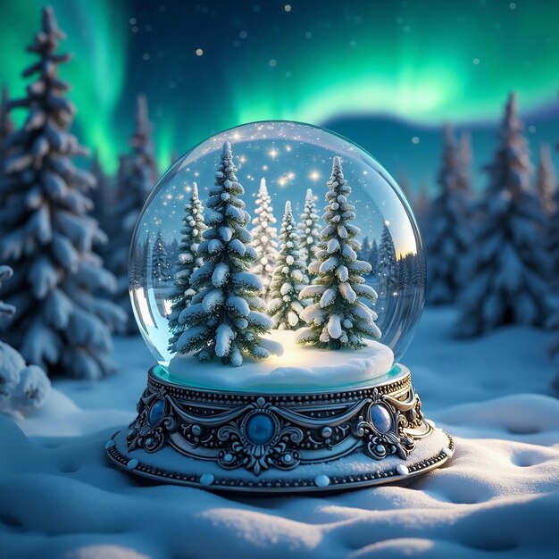 Photo enchanted snow globe a winter forest beneath the northern lights