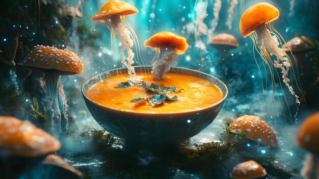 Photo enchanted soup surrounded by glowing mushrooms