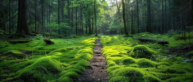 Enchanted Sunlit Forest Path with Lush MossCovered Ground