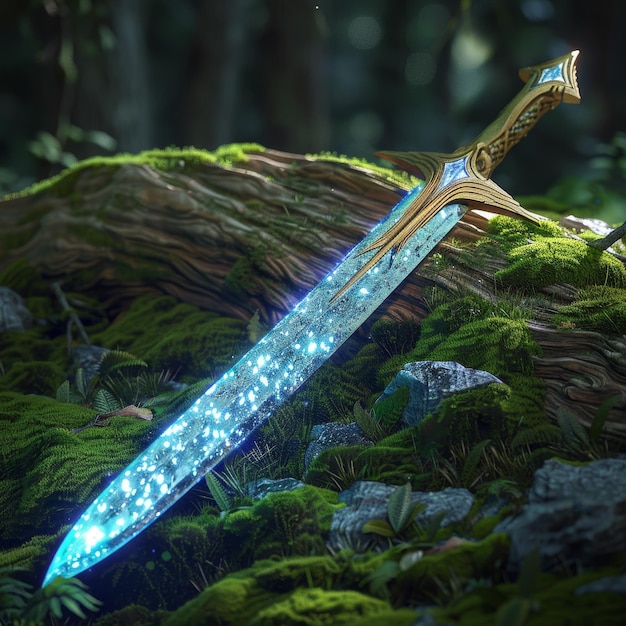 Photo enchanted sword glowing in a mystical forest