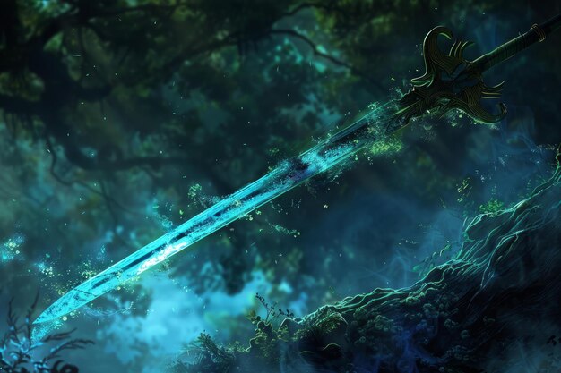 Photo enchanted sword in mystical forest