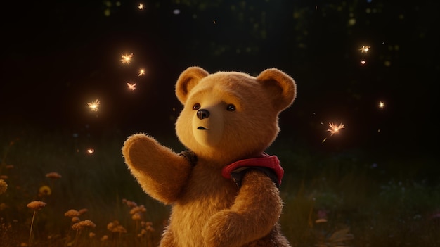 Enchanted Teddy Bear Gazing at Magical Fireflies in a Forest at Night