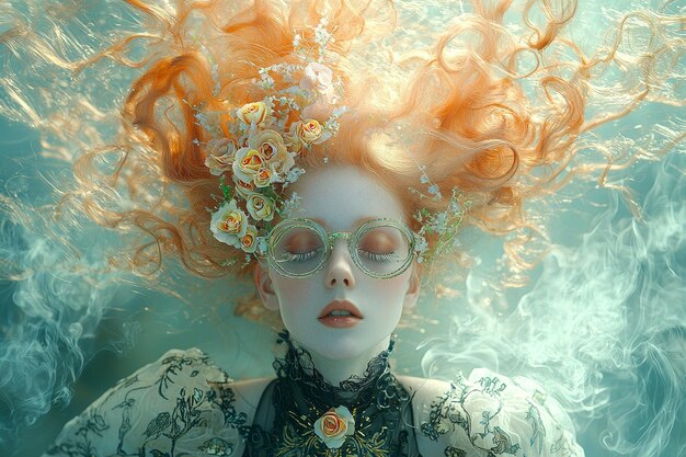 Enchanted Underwater Beauty with Flowers and Glasses