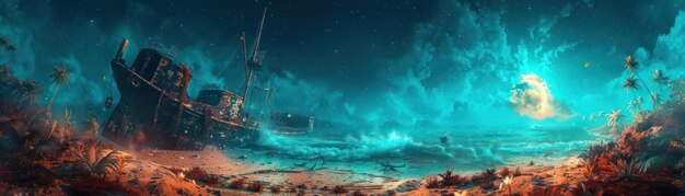 Enchanted Underwater Shipwreck at Dusk A Spectacular Digital Illustration of an Ancient Vessel Lost