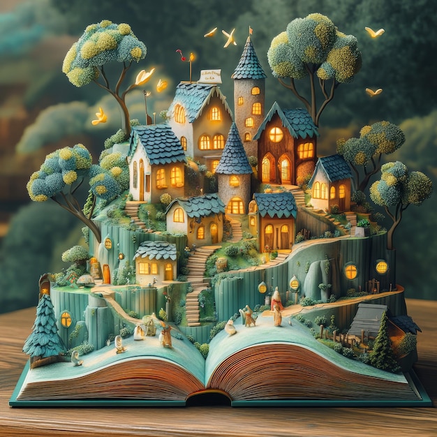 Photo enchanted village emerging from open book fantasy world illuminated miniature town storybook setting