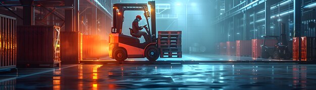 Photo enchanted warehouse photo realistic wide shot of forklift operator with pallet and loading dock